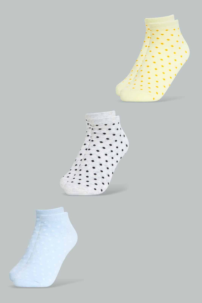 Redtag-Grey/Yello/Blue-Polka-Printed-Ankle-Socks-(3-Pack)-365,-Category:Socks,-Colour:Assorted,-Deals:New-In,-Filter:Women's-Clothing,-New-In-Women-APL,-Non-Sale,-Section:Women,-Women-Socks--