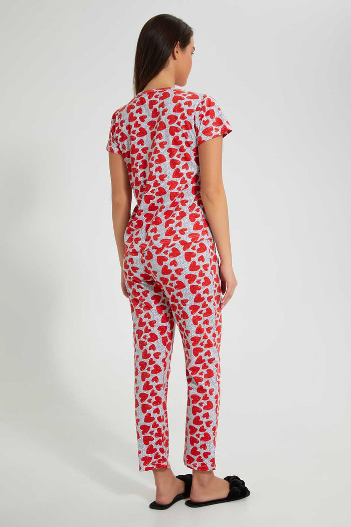 Redtag-White/Red-Heart-Printed-Pyjama-Set-Pyjama-Sets-Women's-