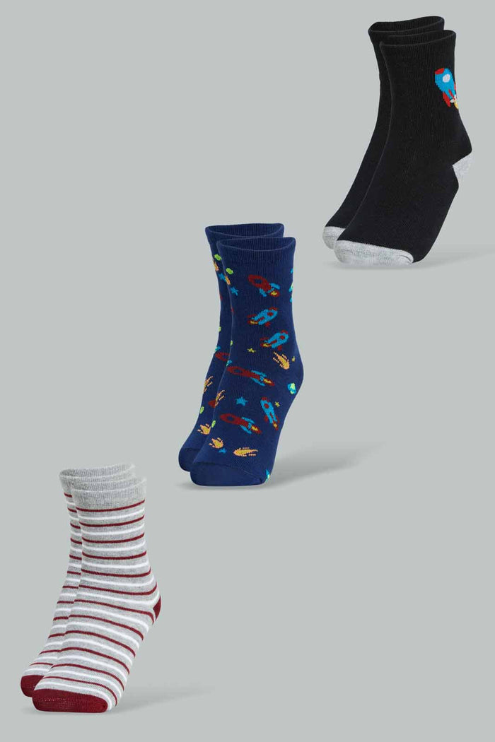 Redtag-Assorted-3-Pk-Rocket-Long-Socks-Full-Length-Socks-Boys-2 to 8 Years