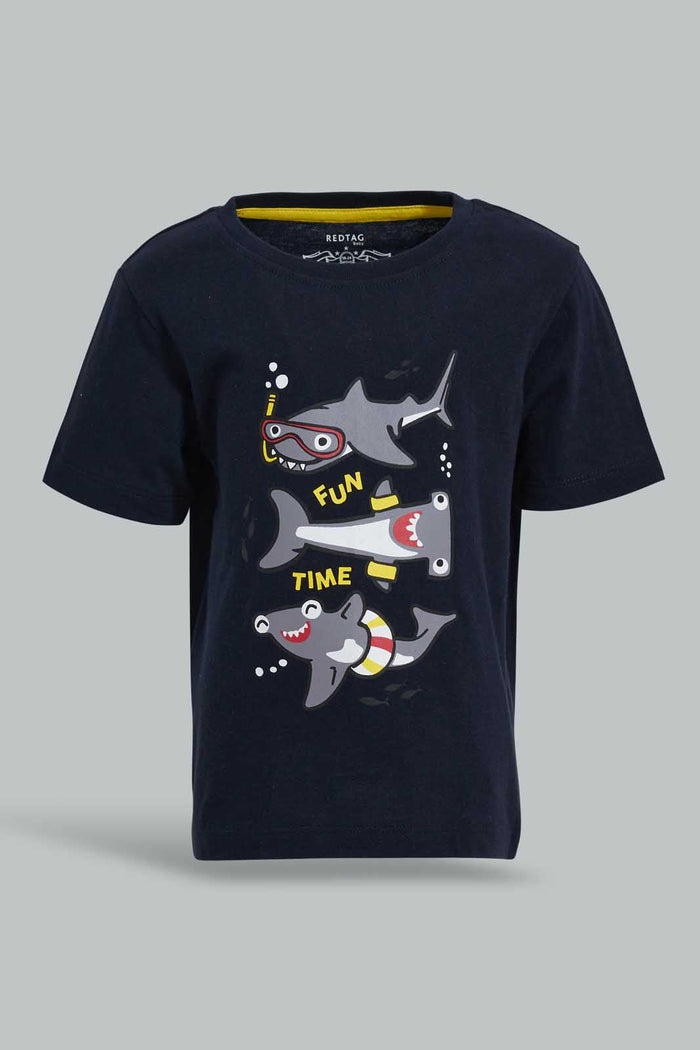 Redtag-Navy-Shark-Ss-T-Shirt-Graphic-Prints-Infant-Boys-3 to 24 Months