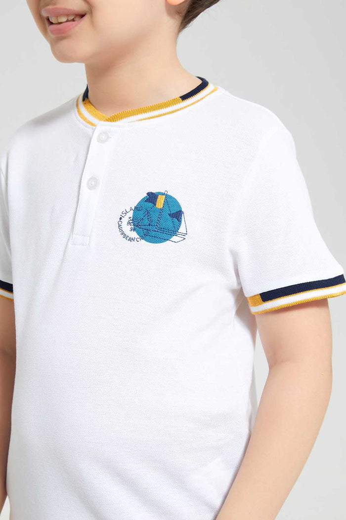 Redtag-White-Pique-Collar-Stand-Polo-BOY-Polo-T-Shirts,-Category:Polo-T-Shirts,-Colour:White,-Deals:New-In,-Filter:Boys-(2-to-8-Yrs),-New-In-BOY,-Non-Sale,-S22D,-Section:Boys-(0-to-14Yrs)-Boys-2 to 8 Years