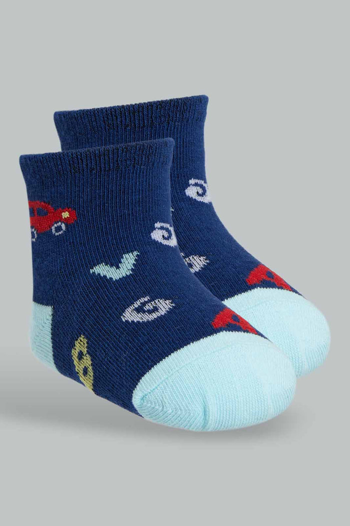 Redtag-Blue-Grey-Car-And-Dino-Printed-4-Pack-Socks-(Ankle-Length)-365,-Category:Socks,-Colour:Assorted,-Deals:New-In,-Filter:Infant-Boys-(3-to-24-Mths),-INB-Socks,-New-In-INB-APL,-Non-Sale,-Section:Boys-(0-to-14Yrs)-Infant-Boys-3 to 24 Months