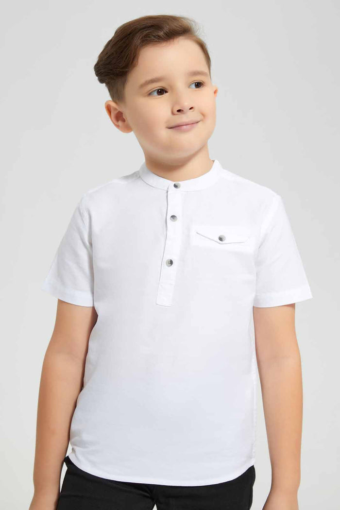 Redtag-White-Oxford-Henley-Collar-SS-Shirt-BOY-Shirts,-Category:Shirts,-Colour:White,-Deals:New-In,-Filter:Boys-(2-to-8-Yrs),-New-In-BOY-APL,-Non-Sale,-Section:Boys-(0-to-14Yrs),-VLM,-W22O-Boys-2 to 8 Years