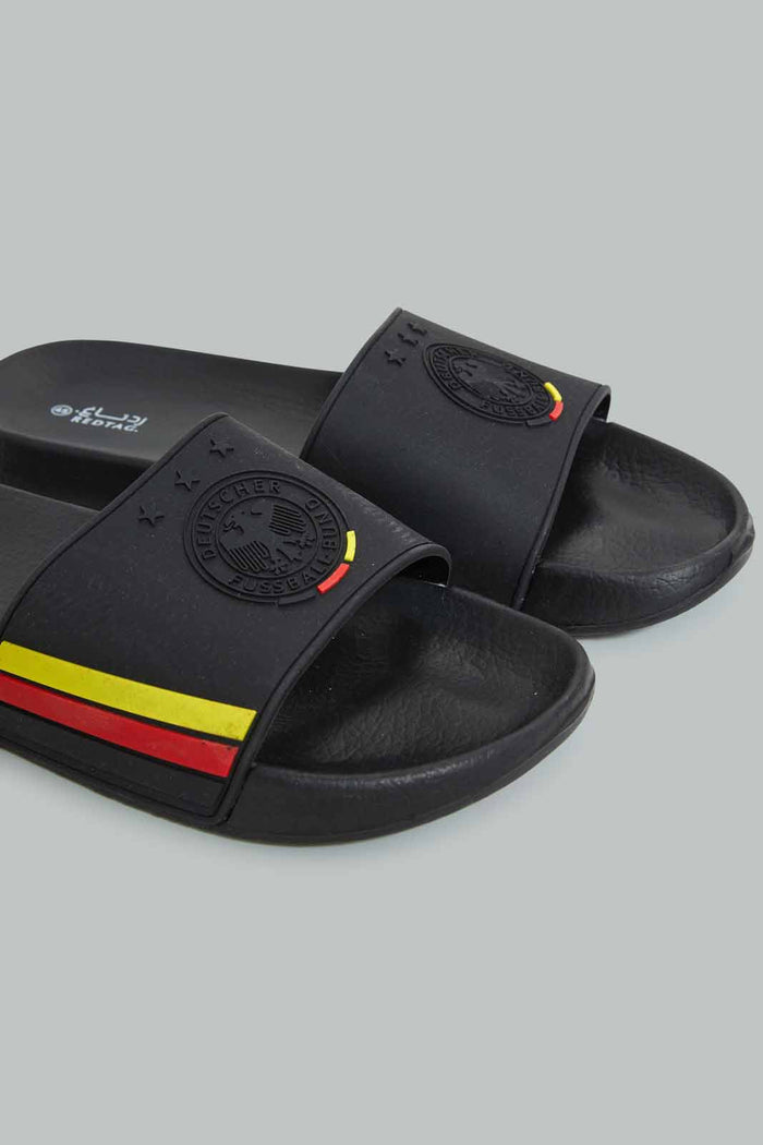 Redtag-Black-Germany-Embossed-Slide-BSR-Flip-Flops,-Category:Flip-Flops,-Colour:Black,-Deals:New-In,-Filter:Boys-Footwear-(5-to-14-Yrs),-New-In-BSR-FOO,-Non-Sale,-Section:Boys-(0-to-14Yrs),-W22B-Senior-Boys-5 to 14 Years