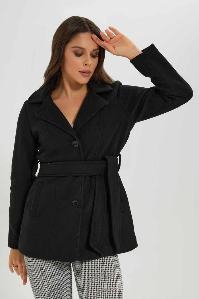 Redtag-Black-L/S-Plain-Notch-Collar-Hooded-Belted-Coat-Category:Jackets,-Colour:Black,-Deals:New-In,-EHW,-Filter:Women's-Clothing,-New-In-Women-APL,-Non-Sale,-Section:Women,-W22B,-Women-Jackets-Women's-