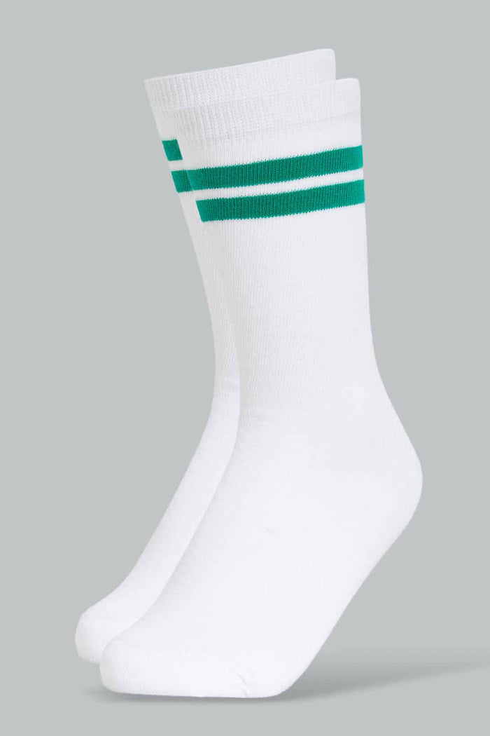 Redtag-Boys-White-W/-Green-Stripes-Crew-Length-Socks-365,-BSR-Socks,-Category:Socks,-Colour:Green,-Deals:New-In,-FIFA,-Filter:Senior-Boys-(8-to-14-Yrs),-New-In-BSR-APL,-Non-Sale,-Section:Boys-(0-to-14Yrs)-Senior-Boys-9 to 14 Years