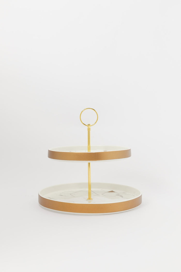 Redtag-Gold-2-Tier-Cake-Stand-With-Marble-Finish-Category:2-Tier-Stand,-Colour:Gold,-Deals:New-In,-Dept:Home,-Filter:Home-Dining,-H1:HMW,-H2:DIN,-H3:SEW,-H4:SSI,-HMW-DIN-Serveware,-New-In-HMW-DIN,-Non-Sale,-S23B,-Season:S23B,-Section:Homewares-Home-Dining-