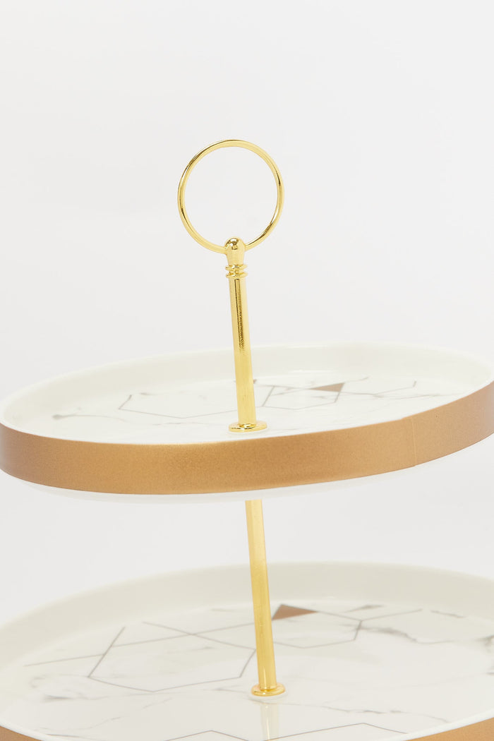 Redtag-Gold-2-Tier-Cake-Stand-With-Marble-Finish-Category:2-Tier-Stand,-Colour:Gold,-Deals:New-In,-Dept:Home,-Filter:Home-Dining,-H1:HMW,-H2:DIN,-H3:SEW,-H4:SSI,-HMW-DIN-Serveware,-New-In-HMW-DIN,-Non-Sale,-S23B,-Season:S23B,-Section:Homewares-Home-Dining-