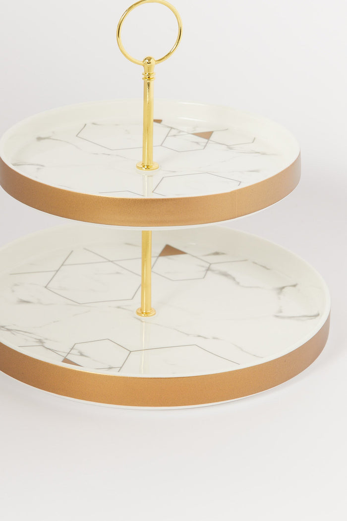 Redtag-Gold-2-Tier-Cake-Stand-With-Marble-Finish-Category:2-Tier-Stand,-Colour:Gold,-Deals:New-In,-Dept:Home,-Filter:Home-Dining,-H1:HMW,-H2:DIN,-H3:SEW,-H4:SSI,-HMW-DIN-Serveware,-New-In-HMW-DIN,-Non-Sale,-S23B,-Season:S23B,-Section:Homewares-Home-Dining-