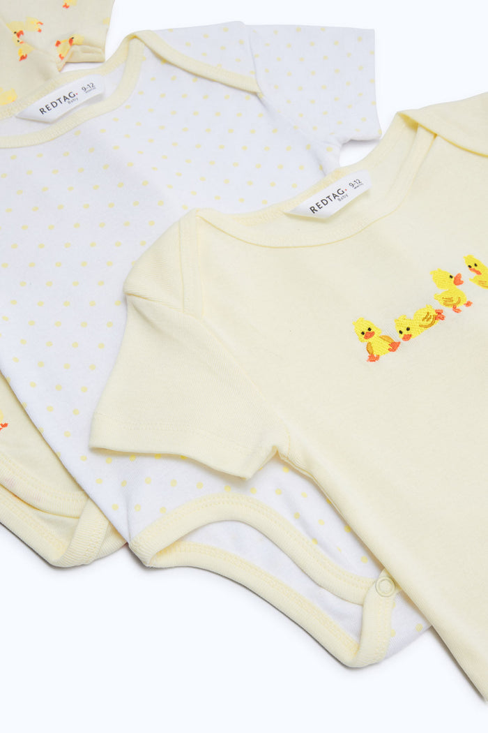 Redtag-Yellow-Assorted-3-Piece---Girl-Bodysuit-Category:Bodysuits,-Colour:Beige,-Deals:2-FOR-69,-Deals:New-In,-Dept:New-Born,-Filter:Baby-(0-to-12-Mths),-H1:KWR,-H2:NBF,-H3:RMS,-H4:BSS,-NBF-Bodysuits,-New-In-NBF-APL,-Non-Sale,-S23B,-Season:S23B,-Section:Boys-(0-to-14Yrs)-Baby-0 to 12 Months