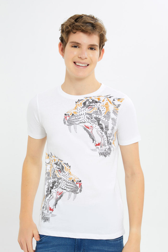 Redtag-Boys-White-Animal-Face-Tee-With-Studs-BSR-T-Shirts,-Category:T-Shirts,-Colour:White,-Deals:New-In,-Dept:Boys,-Filter:Senior-Boys-(8-to-14-Yrs),-H1:KWR,-H2:BSR,-H3:TSH,-H4:TSH,-New-In-BSR-APL,-Non-Sale,-RMD,-S23C,-Season:S23C,-Section:Boys-(0-to-14Yrs)-Senior-Boys-9 to 14 Years