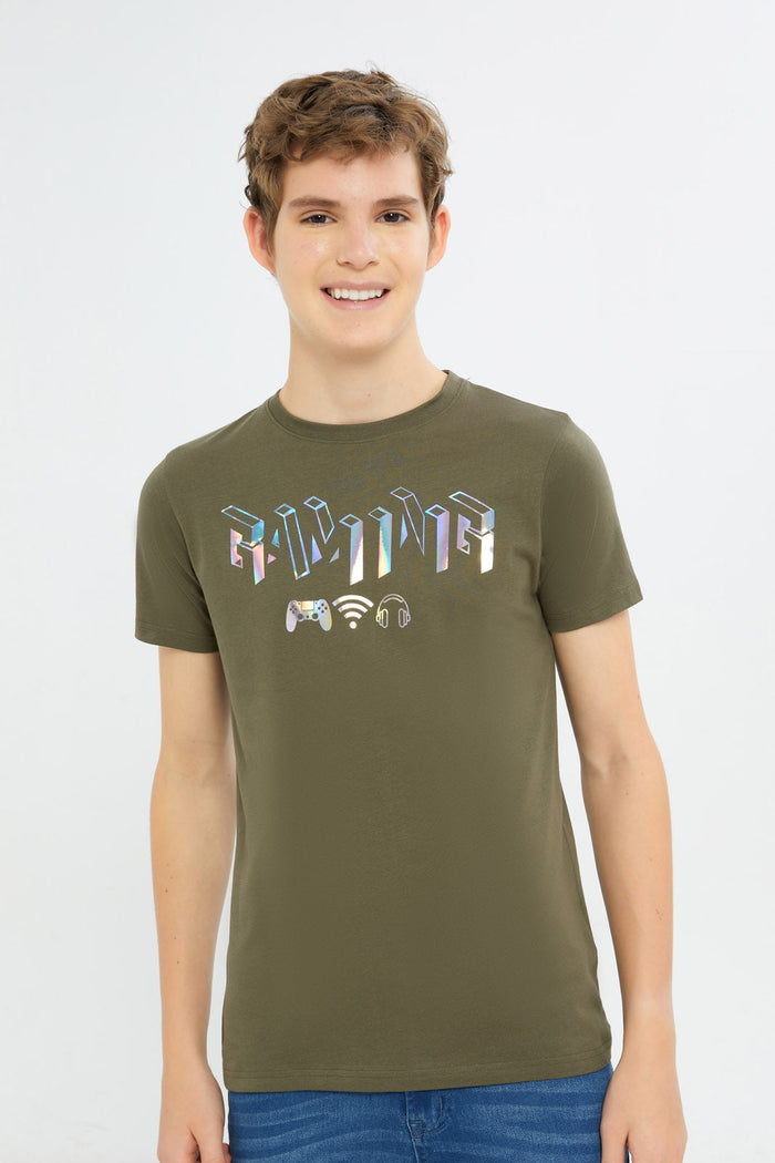 Redtag-Boys-Olive-Gamer-Gel-Print-Tee-BSR-T-Shirts,-Category:T-Shirts,-Colour:Green,-Deals:New-In,-Dept:Boys,-Filter:Senior-Boys-(8-to-14-Yrs),-H1:KWR,-H2:BSR,-H3:TSH,-H4:TSH,-New-In-BSR-APL,-Non-Sale,-RMD,-S23C,-Season:S23C,-Section:Boys-(0-to-14Yrs)-Senior-Boys-9 to 14 Years