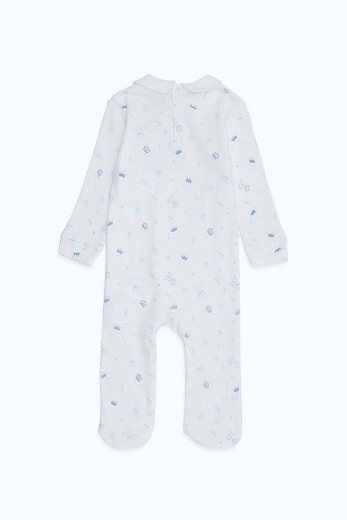 Redtag-White-Prince-Aop-Blue-Crown-Sleepsuit-Boy-Category:Sleepsuits,-Colour:Ecru,-Deals:New-In,-Dept:New-Born,-Filter:Baby-(0-to-12-Mths),-H1:KWR,-H2:NBF,-H3:NWR,-H4:SST,-NBF-Sleepsuits,-New-In-NBF-APL,-Non-Sale,-RMD,-S23C,-Season:S23C,-Section:Boys-(0-to-14Yrs)-Baby-0 to 12 Months