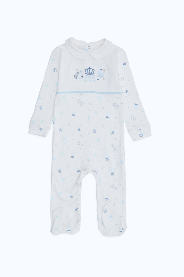 Redtag-White-Prince-Aop-Blue-Crown-Sleepsuit-Boy-Category:Sleepsuits,-Colour:Ecru,-Deals:New-In,-Dept:New-Born,-Filter:Baby-(0-to-12-Mths),-H1:KWR,-H2:NBF,-H3:NWR,-H4:SST,-NBF-Sleepsuits,-New-In-NBF-APL,-Non-Sale,-RMD,-S23C,-Season:S23C,-Section:Boys-(0-to-14Yrs)-Baby-0 to 12 Months