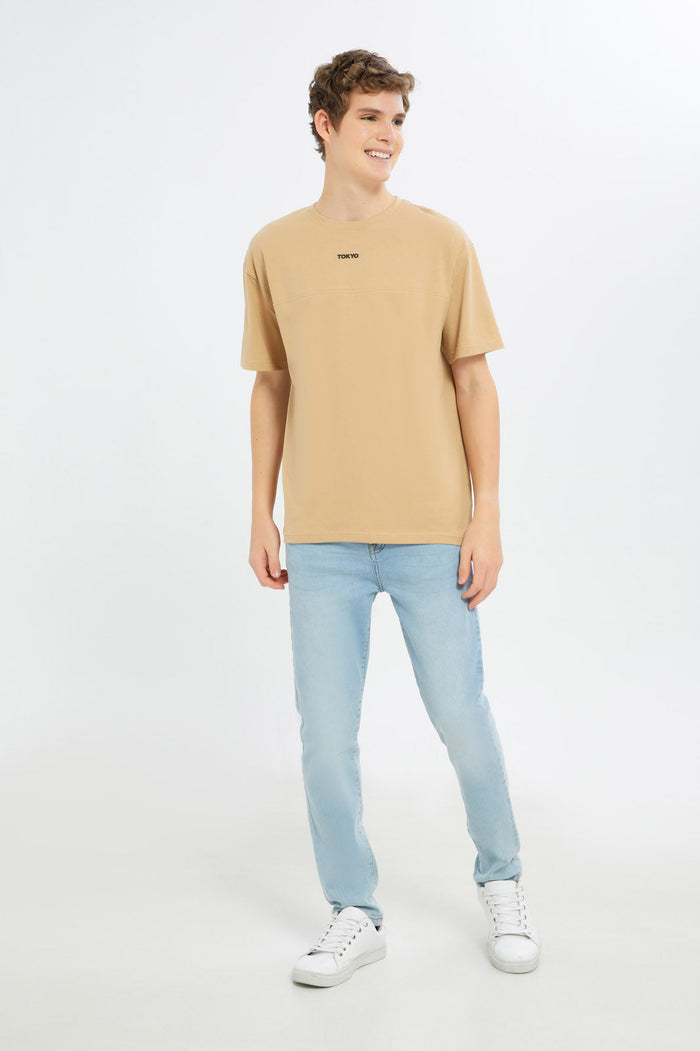 Redtag-Boys-Beige-Oversize-Cut-&-Sew-Tee-BSR-T-Shirts,-Category:T-Shirts,-Colour:Beige,-Deals:New-In,-Dept:Boys,-Filter:Senior-Boys-(8-to-14-Yrs),-H1:KWR,-H2:BSR,-H3:TSH,-H4:TSH,-New-In-BSR-APL,-Non-Sale,-S23C,-Season:S23C,-Section:Boys-(0-to-14Yrs)-Senior-Boys-9 to 14 Years