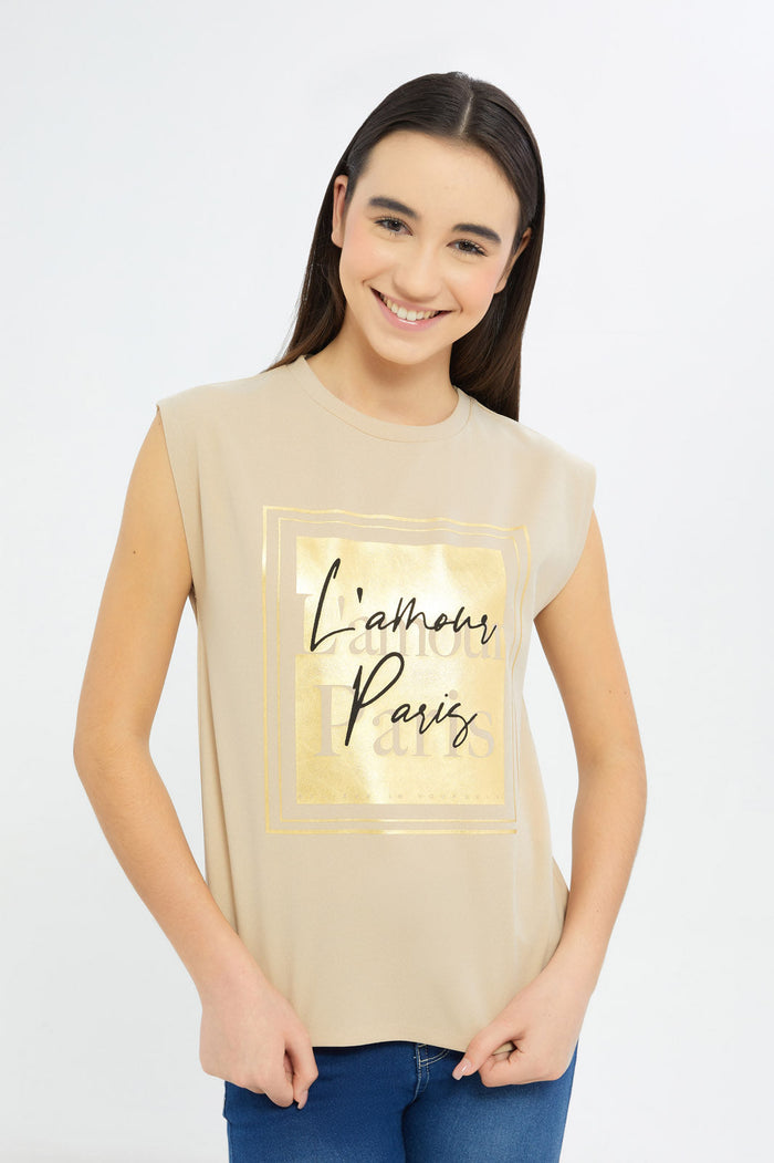 Redtag-Girls-Beige-Extended-Sleeve-Top-W/-Foil-Placement-Print-Category:T-Shirts,-Colour:Beige,-Deals:New-In,-Dept:Girls,-Filter:Senior-Girls-(8-to-14-Yrs),-GSR-T-Shirts,-H1:KWR,-H2:GSR,-H3:TSH,-H4:CAT,-New-In-GSR-APL,-Non-Sale,-S23C,-Season:S23C,-Section:Girls-(0-to-14Yrs),-TBL-Senior-Girls-9 to 14 Years