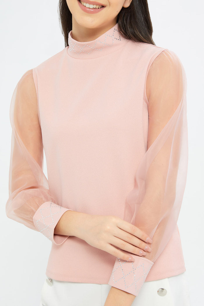 Redtag-Girls-Pink-Highneck-Organza-Sleeve-Top-Category:T-Shirts,-Colour:Apricot,-Deals:New-In,-Dept:Girls,-Filter:Senior-Girls-(8-to-14-Yrs),-GSR-T-Shirts,-H1:KWR,-H2:GSR,-H3:TSH,-H4:CAT,-New-In-GSR-APL,-Non-Sale,-RMD,-S23C,-Season:S23C,-Section:Girls-(0-to-14Yrs)-Senior-Girls-9 to 14 Years