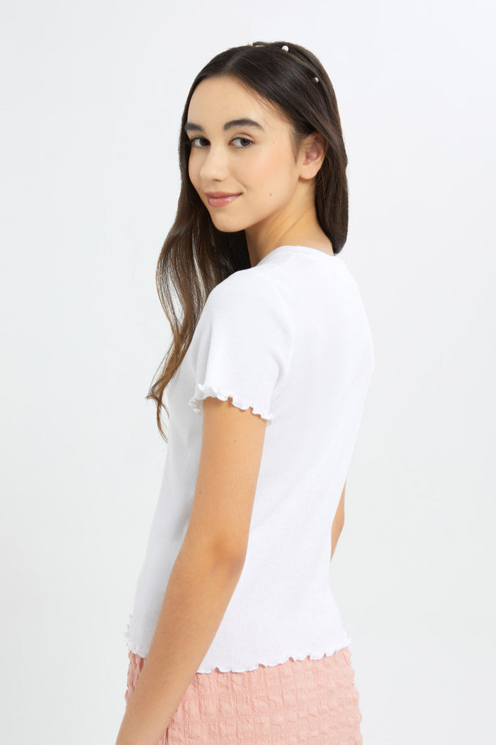 Redtag-Girls-White-Rib-Half-Placket-Top-Category:T-Shirts,-Colour:White,-Deals:New-In,-Dept:Girls,-Filter:Senior-Girls-(8-to-14-Yrs),-GSR-T-Shirts,-H1:KWR,-H2:GSR,-H3:TSH,-H4:CAT,-New-In-GSR-APL,-Non-Sale,-S23C,-Season:S23C,-Section:Girls-(0-to-14Yrs),-TBL-Senior-Girls-9 to 14 Years