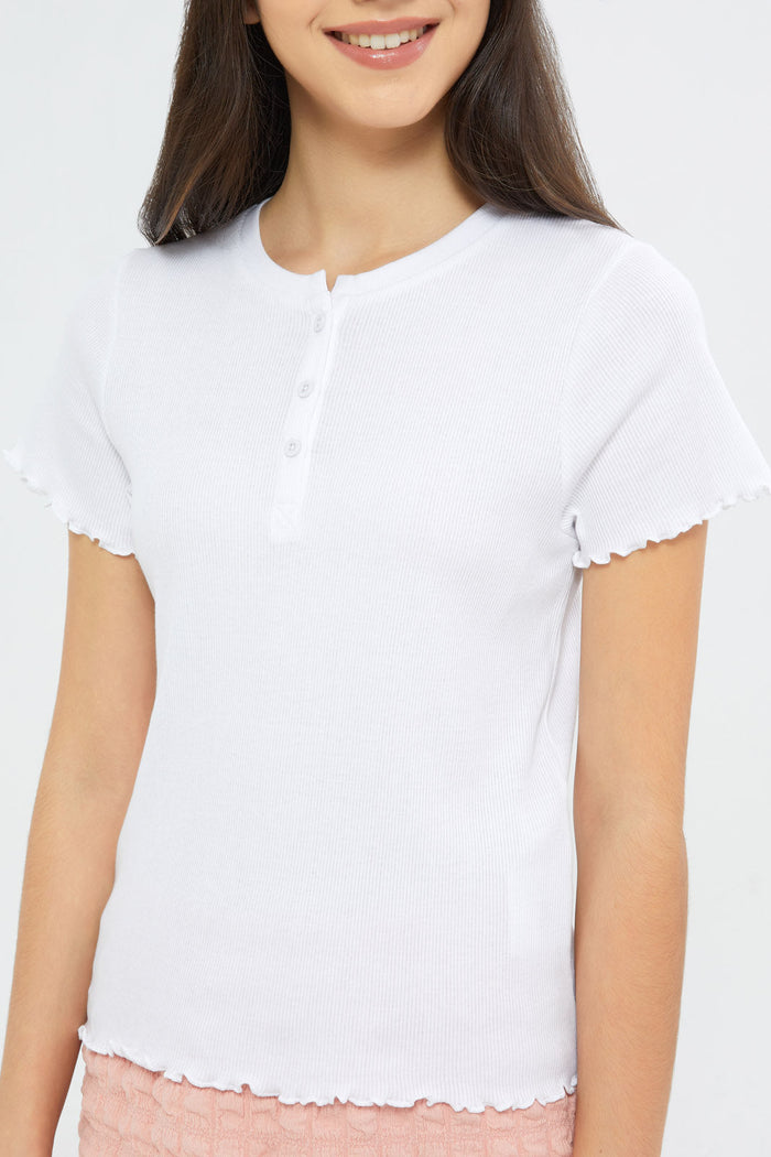 Redtag-Girls-White-Rib-Half-Placket-Top-Category:T-Shirts,-Colour:White,-Deals:New-In,-Dept:Girls,-Filter:Senior-Girls-(8-to-14-Yrs),-GSR-T-Shirts,-H1:KWR,-H2:GSR,-H3:TSH,-H4:CAT,-New-In-GSR-APL,-Non-Sale,-S23C,-Season:S23C,-Section:Girls-(0-to-14Yrs),-TBL-Senior-Girls-9 to 14 Years