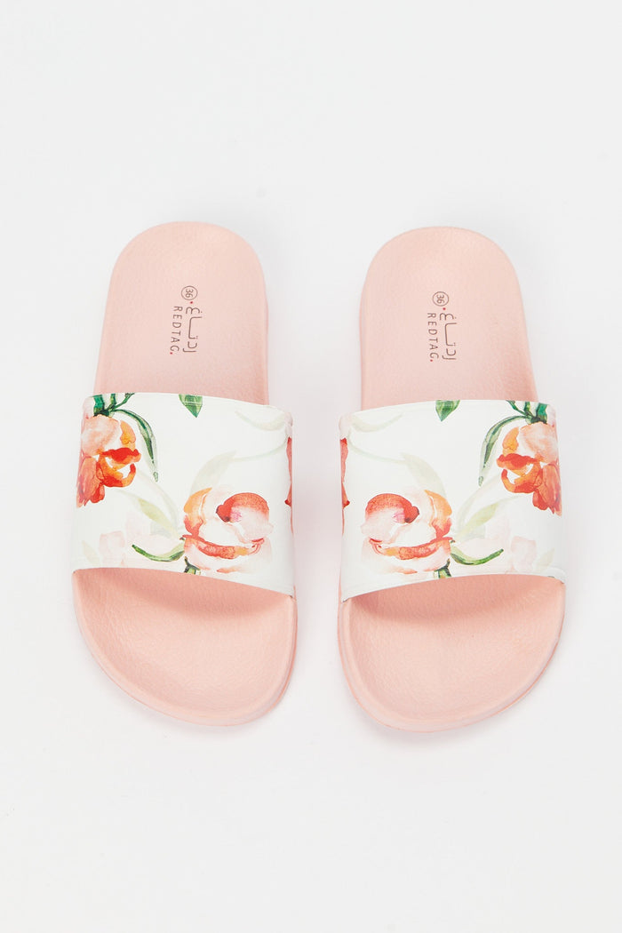 Redtag-White-Floral-Print-Slide-Category:Shoes,-Colour:White,-Deals:New-In,-Filter:Women's-Footwear,-H1:FOO,-H2:LAD,-H3:SAF,-H4:FLF,-N/A,-New-In-Women-FOO,-Non-Sale,-S23B,-Season:S23B,-Section:Women,-Women-Flip-Flops-Women's-