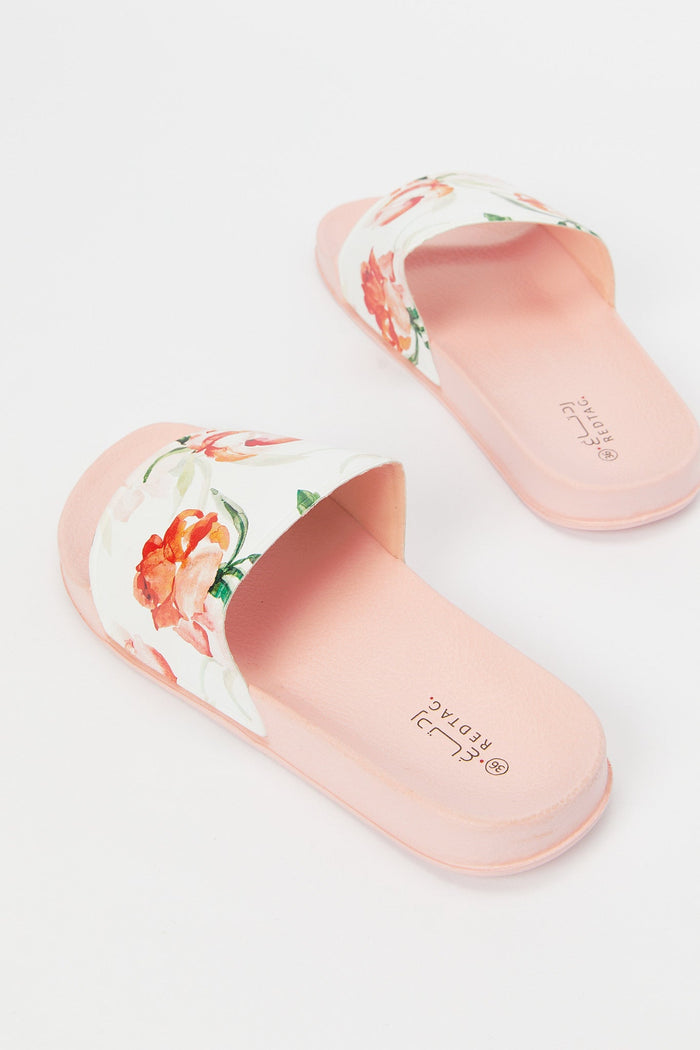 Redtag-White-Floral-Print-Slide-Category:Shoes,-Colour:White,-Deals:New-In,-Filter:Women's-Footwear,-H1:FOO,-H2:LAD,-H3:SAF,-H4:FLF,-N/A,-New-In-Women-FOO,-Non-Sale,-S23B,-Season:S23B,-Section:Women,-Women-Flip-Flops-Women's-