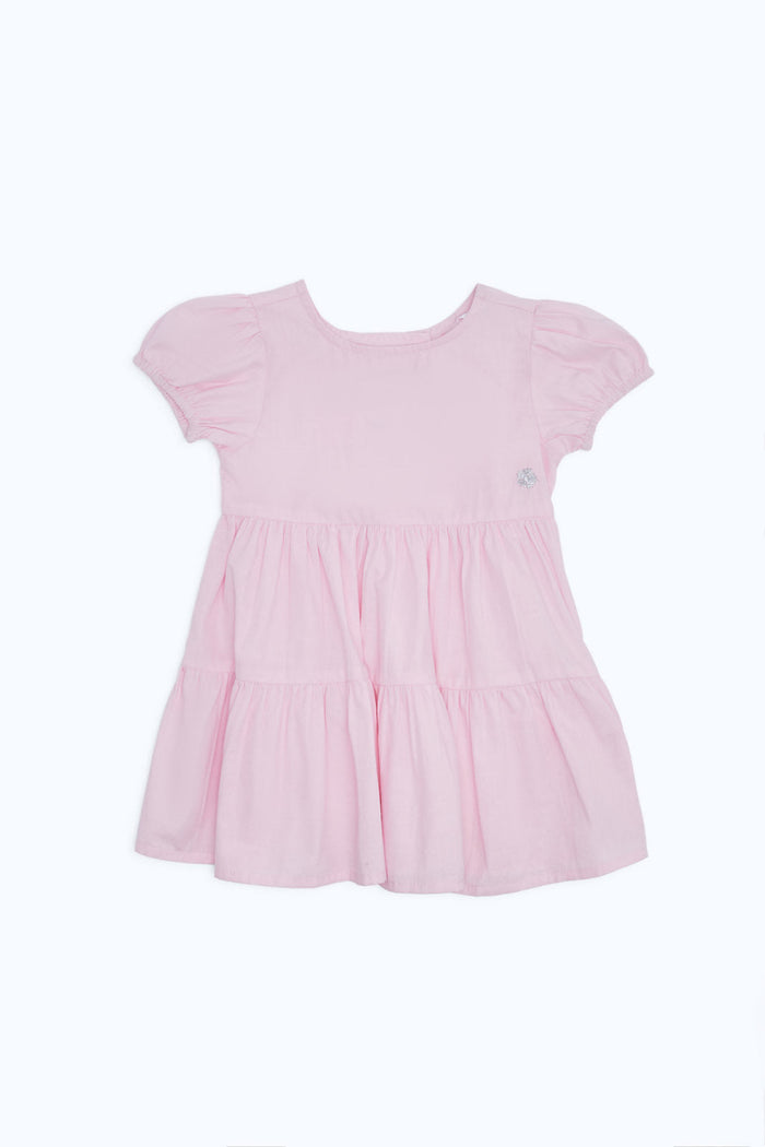 Redtag-Girls-Pink-Solid-Tired-Puff-Sleeves-Dress-Category:Dresses,-Colour:Apricot,-Deals:New-In,-Dept:Girls,-Filter:Infant-Girls-(3-to-24-Mths),-H1:KWR,-H2:ING,-H3:DRS,-H4:CAD,-ING-Dresses,-New-In-ING-APL,-Non-Sale,-RMD,-S23C,-Season:S23C,-Section:Girls-(0-to-14Yrs)-Infant-Girls-3 to 24 Months