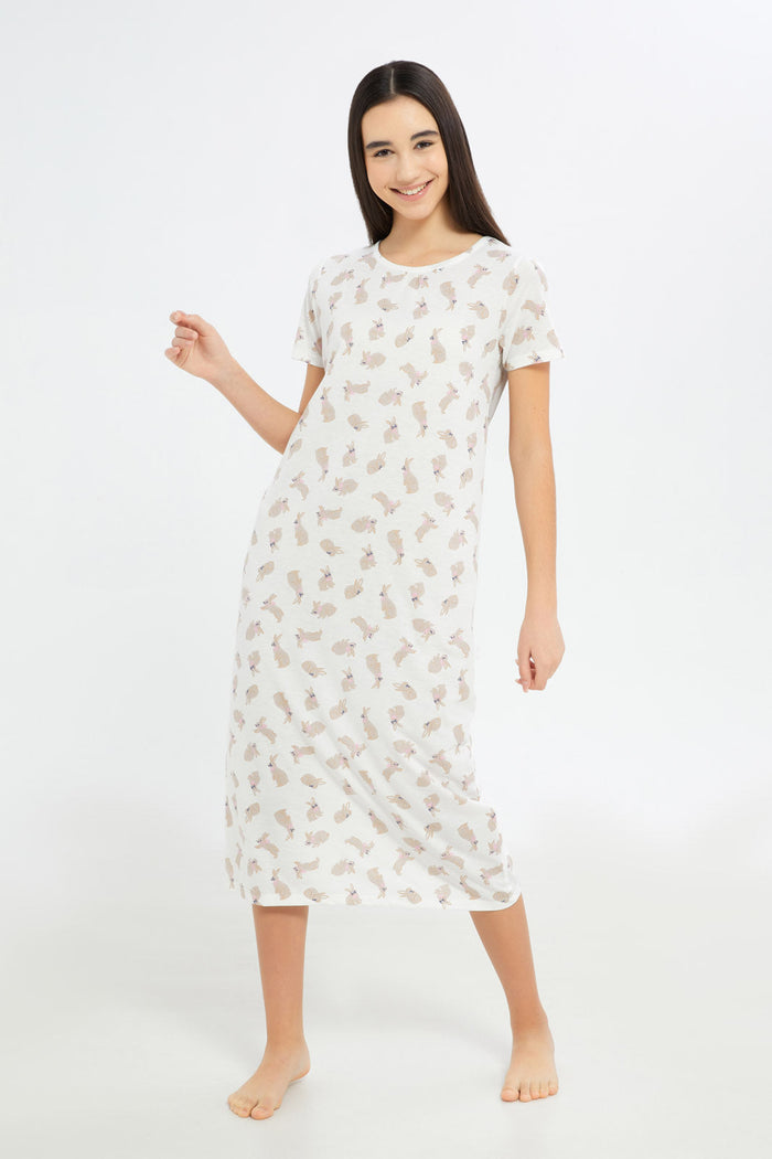 Redtag-Girls-White-Rabbit-Long-Line-Nightdress-Category:Nightshirts,-Colour:Assorted,-Deals:New-In,-Filter:Senior-Girls-(8-to-14-Yrs),-GSR-Nightshirts,-H1:KWR,-H2:GSR,-H3:NWR,-H4:NSH,-New-In-GSR-APL,-Non-Sale,-S23C,-Season:S23C,-Section:Girls-(0-to-14Yrs)-Senior-Girls-9 to 14 Years