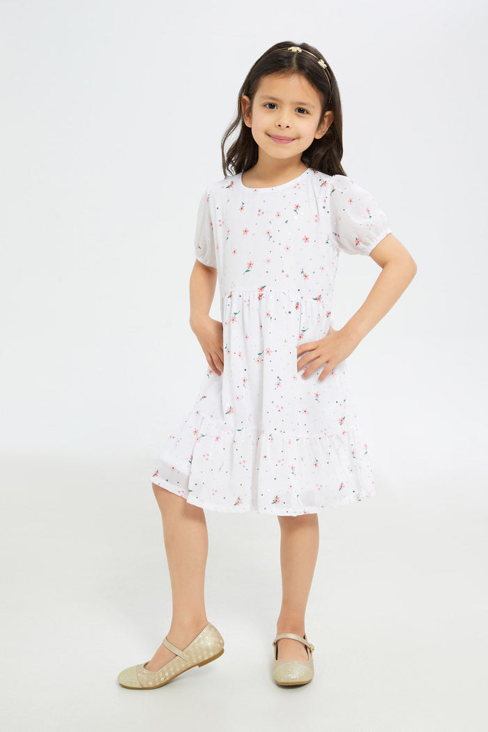 Redtag-Girls-White-Floral-Glitter-Dress-Category:Dresses,-Colour:White,-Deals:New-In,-Event:,-Filter:Girls-(2-to-8-Yrs),-GIR-Dresses,-H1:KWR,-H2:GIR,-H3:DRS,-H4:CAD,-New-In-GIR-APL,-Non-Sale,-Promo:,-RMD,-S23D,-Season:S23C,-Section:Girls-(0-to-14Yrs)-Girls-2 to 8 Years