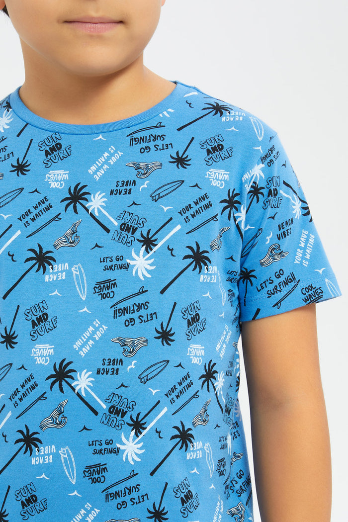 Redtag-Boys-Blue-Palm-Prined-Short-Sleeve-T-Shirt-BOY-T-Shirts,-Category:T-Shirts,-Colour:Blue,-Deals:New-In,-Filter:Boys-(2-to-8-Yrs),-H1:KWR,-H2:BOY,-H3:TSH,-H4:TSH,-New-In-BOY-APL,-Non-Sale,-Promo:TBL,-S23C,-Season:S23C,-Section:Boys-(0-to-14Yrs),-TBL-Boys-2 to 8 Years