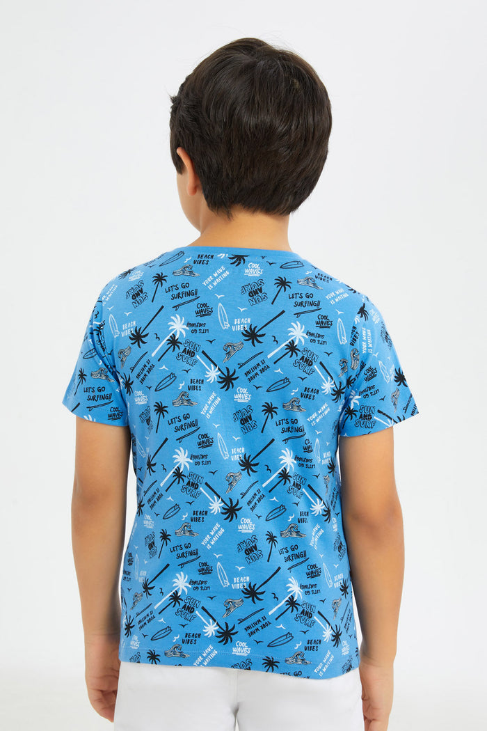 Redtag-Boys-Blue-Palm-Prined-Short-Sleeve-T-Shirt-BOY-T-Shirts,-Category:T-Shirts,-Colour:Blue,-Deals:New-In,-Filter:Boys-(2-to-8-Yrs),-H1:KWR,-H2:BOY,-H3:TSH,-H4:TSH,-New-In-BOY-APL,-Non-Sale,-Promo:TBL,-S23C,-Season:S23C,-Section:Boys-(0-to-14Yrs),-TBL-Boys-2 to 8 Years