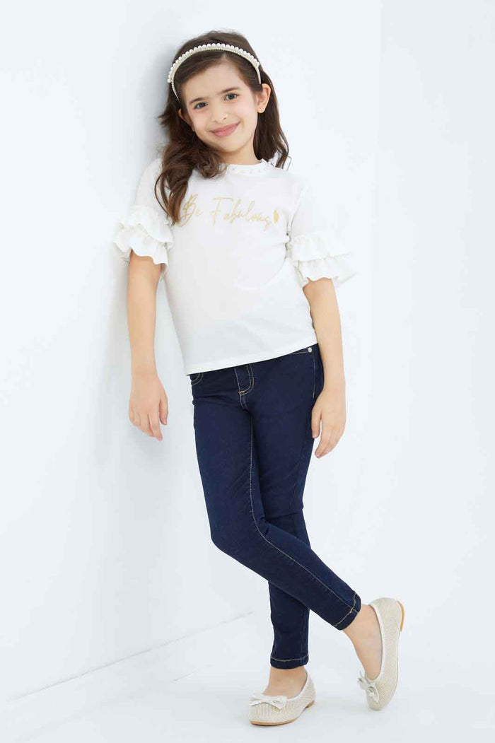 Redtag-Girls-White-"Be-Fabulous"-Placement-Print-Blouse-Category:Jackets,-Colour:White,-Deals:New-In,-Filter:Girls-(2-to-8-Yrs),-GIR-Jackets,-New-In-GIR-APL,-Non-Sale,-RMD,-S23C,-Section:Girls-(0-to-14Yrs)--