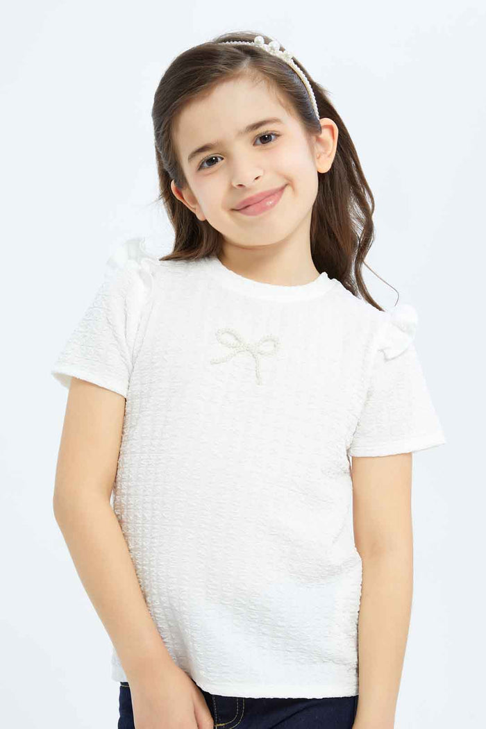 Redtag-Girls-White-Textured-Top-With-Attached-Ribbon-On-Chest-Category:Jackets,-Colour:White,-Deals:New-In,-Filter:Girls-(2-to-8-Yrs),-GIR-Jackets,-New-In-GIR-APL,-Non-Sale,-RMD,-S23C,-Section:Girls-(0-to-14Yrs)--