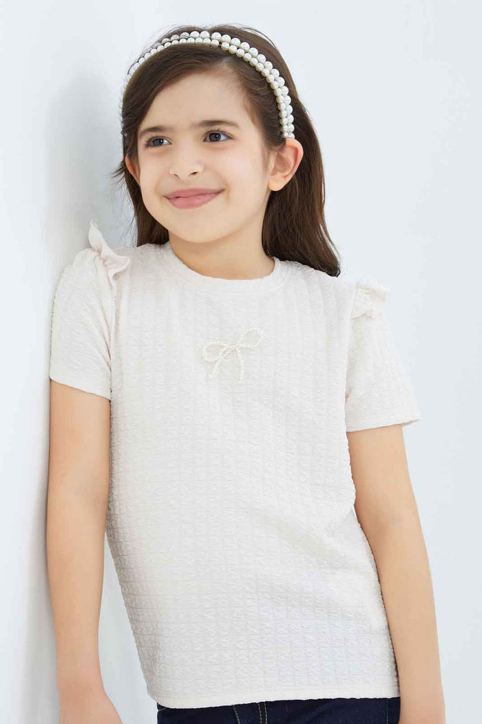 Redtag-Girls-Peach-Textured-Top-With-Attached-Ribbon-On-Chest-Category:Jackets,-Colour:Apricot,-Deals:New-In,-Filter:Girls-(2-to-8-Yrs),-GIR-Jackets,-New-In-GIR-APL,-Non-Sale,-RMD,-S23C,-Section:Girls-(0-to-14Yrs)--
