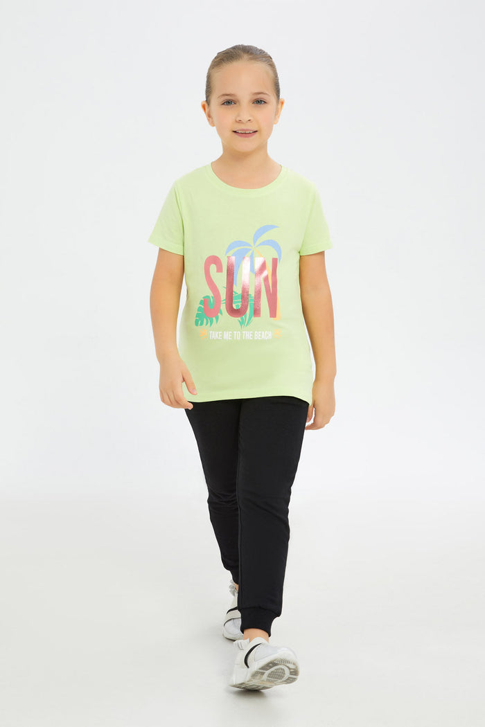 Redtag-Girls-Green-"Sun"-Foil-Print-Tshirt-Category:T-Shirts,-Colour:Green,-Deals:New-In,-Filter:Girls-(2-to-8-Yrs),-GIR-T-Shirts,-H1:KWR,-H2:GIR,-H3:TSH,-H4:CAT,-New-In-GIR-APL,-Non-Sale,-Promo:TBL,-S23C,-Season:S23C,-Section:Girls-(0-to-14Yrs),-TBL-Girls-2 to 8 Years