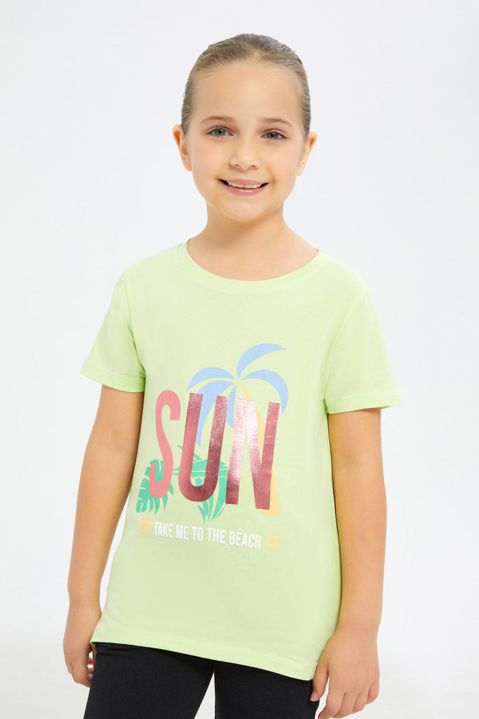 Redtag-Girls-Green-"Sun"-Foil-Print-Tshirt-Category:T-Shirts,-Colour:Green,-Deals:New-In,-Filter:Girls-(2-to-8-Yrs),-GIR-T-Shirts,-H1:KWR,-H2:GIR,-H3:TSH,-H4:CAT,-New-In-GIR-APL,-Non-Sale,-Promo:TBL,-S23C,-Season:S23C,-Section:Girls-(0-to-14Yrs),-TBL-Girls-2 to 8 Years