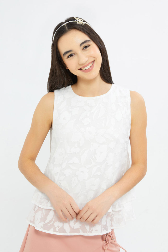 Redtag-Girls-White-Organza-Layered-Blouse-Category:Blouses,-Colour:White,-Deals:New-In,-EID,-Event:EID,-Filter:Senior-Girls-(8-to-14-Yrs),-GSR-Blouses,-H1:KWR,-H2:GSR,-H3:BLO,-H4:CBL,-New-In-GSR-APL,-Non-Sale,-Promo:EID,-S23D,-Season:S23D,-Section:Girls-(0-to-14Yrs)-Senior-Girls-9 to 14 Years