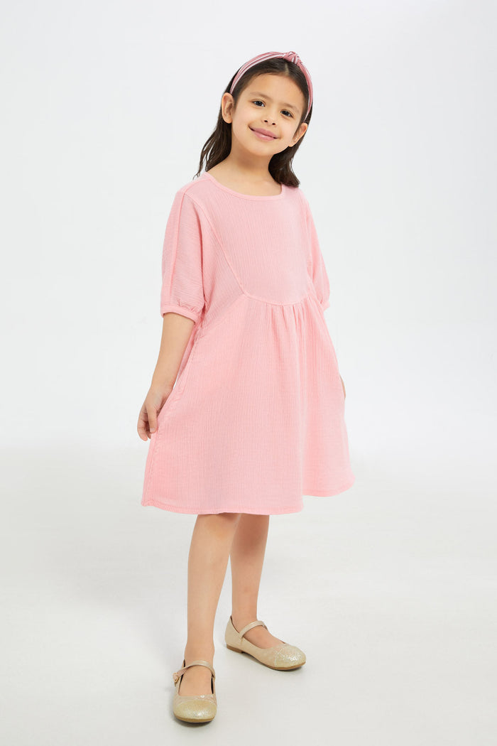 Redtag-Girls-Double-Gauze-Dress---Pink-Category:Dresses,-Colour:Apricot,-Deals:New-In,-Filter:Girls-(2-to-8-Yrs),-GIR-Dresses,-H1:KWR,-H2:GIR,-H3:DRS,-H4:CAD,-New-In-GIR-APL,-Non-Sale,-RMD,-S23C,-Season:S23C,-Section:Girls-(0-to-14Yrs)-Girls-2 to 8 Years