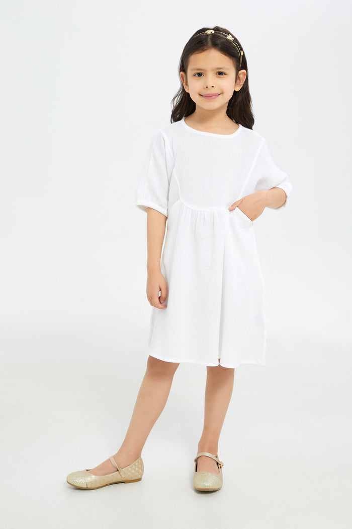 Redtag-Girls-Double-Gauze-Dress-White-Category:Dresses,-Colour:White,-Deals:New-In,-Filter:Girls-(2-to-8-Yrs),-GIR-Dresses,-H1:KWR,-H2:GIR,-H3:DRS,-H4:CAD,-New-In-GIR-APL,-Non-Sale,-RMD,-S23C,-Season:S23C,-Section:Girls-(0-to-14Yrs)-Girls-2 to 8 Years