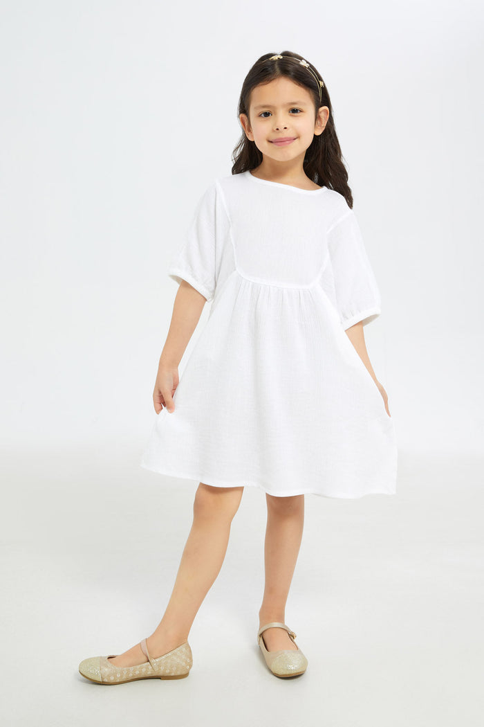 Redtag-Girls-Double-Gauze-Dress-White-Category:Dresses,-Colour:White,-Deals:New-In,-Filter:Girls-(2-to-8-Yrs),-GIR-Dresses,-H1:KWR,-H2:GIR,-H3:DRS,-H4:CAD,-New-In-GIR-APL,-Non-Sale,-RMD,-S23C,-Season:S23C,-Section:Girls-(0-to-14Yrs)-Girls-2 to 8 Years