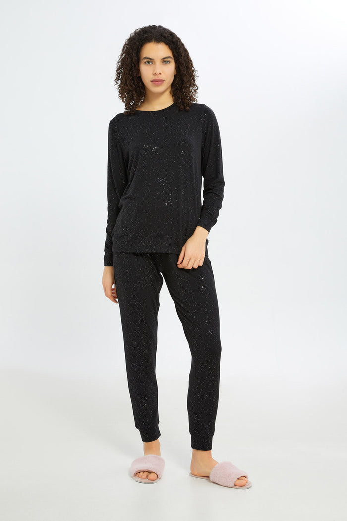 Redtag-Women-Black-Long-Sleeves-Pajama-Set-Category:Pyjama-Sets,-Colour:Black,-Deals:New-In,-Filter:Women's-Clothing,-H1:LWR,-H2:LDN,-H3:NWR,-H4:PJS,-New-In-Women-APL,-Non-Sale,-S23C,-Season:S23C,-Section:Women,-Women-Pyjama-Sets--