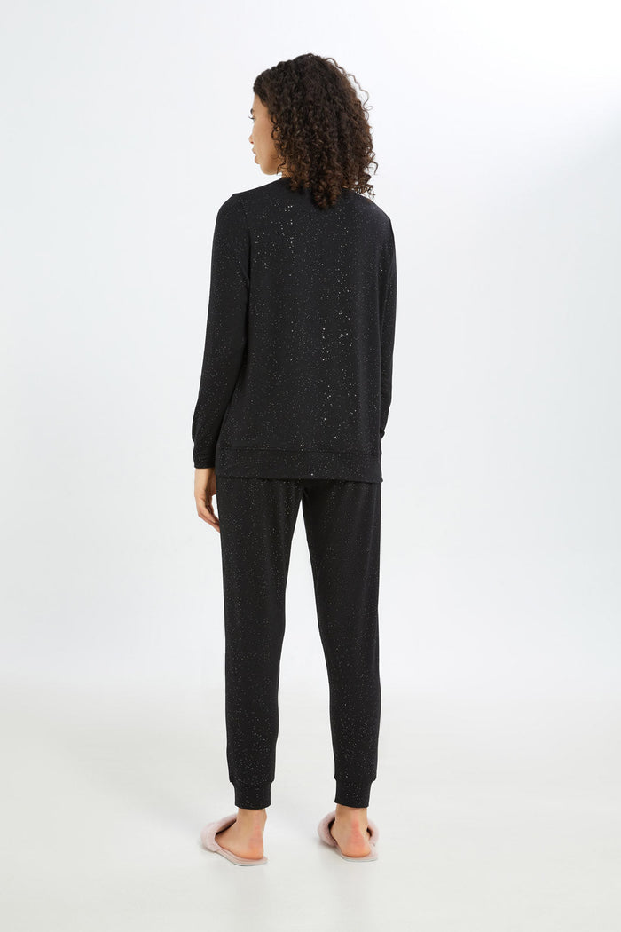 Redtag-Women-Black-Long-Sleeves-Pajama-Set-Category:Pyjama-Sets,-Colour:Black,-Deals:New-In,-Filter:Women's-Clothing,-H1:LWR,-H2:LDN,-H3:NWR,-H4:PJS,-New-In-Women-APL,-Non-Sale,-S23C,-Season:S23C,-Section:Women,-Women-Pyjama-Sets--