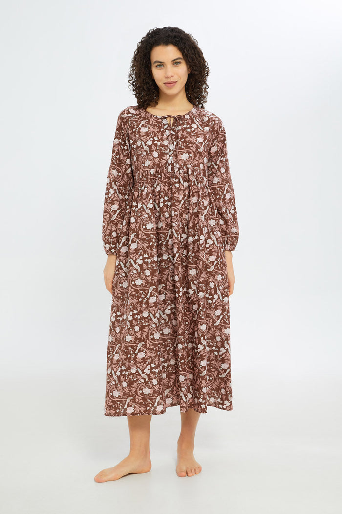 Redtag-Women-Brown-Aop-Long-Sleeves-Nightgown-Category:Nightgowns,-Colour:Brown,-Deals:New-In,-Filter:Women's-Clothing,-H1:LWR,-H2:LDN,-H3:NWR,-H4:NGN,-New-In-Women-APL,-Non-Sale,-S23C,-Season:S23C,-Section:Women,-Women-Nightgowns--