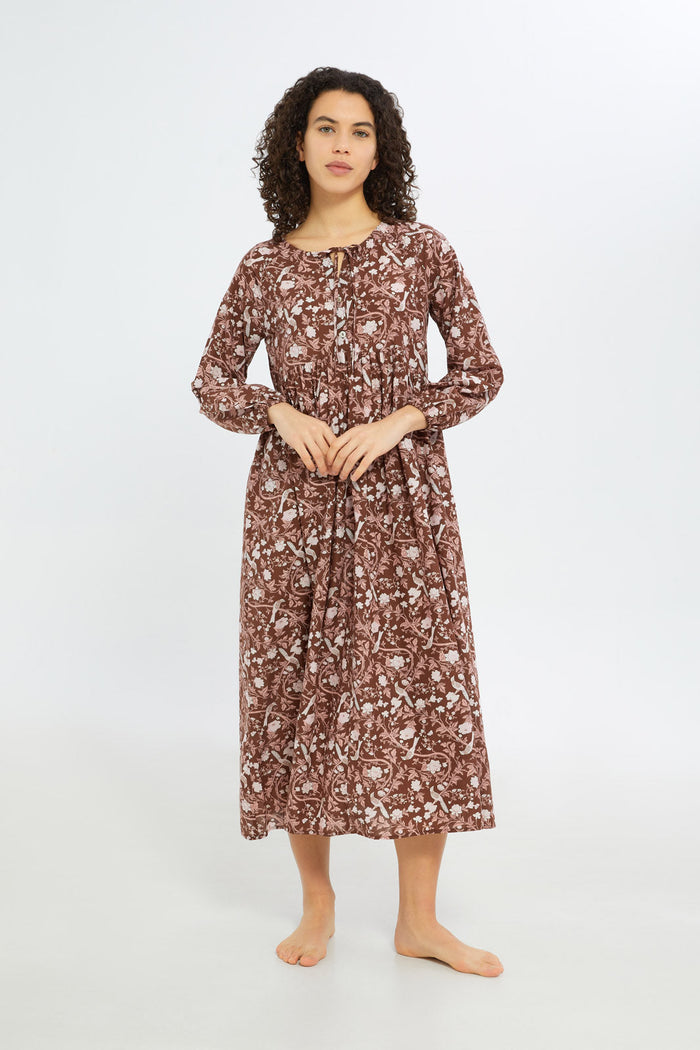 Redtag-Women-Brown-Aop-Long-Sleeves-Nightgown-Category:Nightgowns,-Colour:Brown,-Deals:New-In,-Filter:Women's-Clothing,-H1:LWR,-H2:LDN,-H3:NWR,-H4:NGN,-New-In-Women-APL,-Non-Sale,-S23C,-Season:S23C,-Section:Women,-Women-Nightgowns--