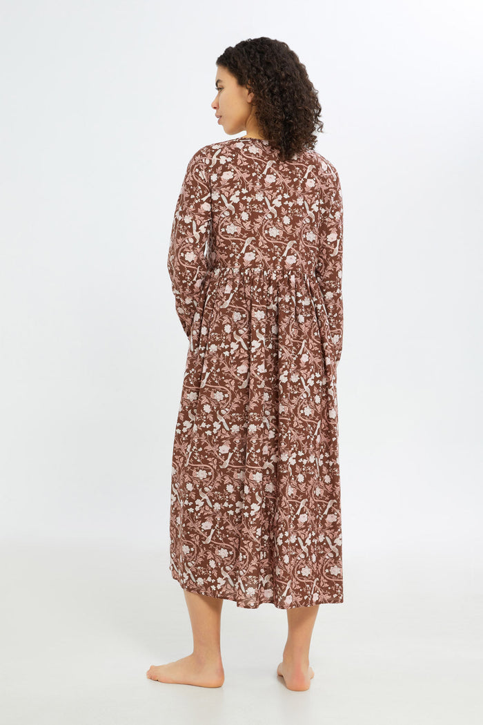 Redtag-Women-Brown-Aop-Long-Sleeves-Nightgown-Category:Nightgowns,-Colour:Brown,-Deals:New-In,-Filter:Women's-Clothing,-H1:LWR,-H2:LDN,-H3:NWR,-H4:NGN,-New-In-Women-APL,-Non-Sale,-S23C,-Season:S23C,-Section:Women,-Women-Nightgowns--