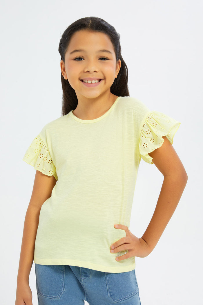 Redtag-Girls-Yellow-Frilled-Sleeves-Jersey-Tops-Category:Jackets,-Colour:Yellow,-Deals:New-In,-Filter:Girls-(2-to-8-Yrs),-GIR-Jackets,-H1:KWR,-H2:GIR,-H3:JYT,-H4:CJT,-New-In-GIR-APL,-Non-Sale,-S23C,-Season:S23C,-Section:Girls-(0-to-14Yrs)--