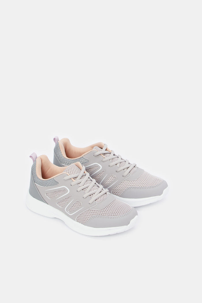 Redtag-Grey-Mesh-Lace-Up-Sneaker-Category:Trainers,-Colour:Grey,-Deals:New-In,-Filter:Women's-Footwear,-New-In-Women-FOO,-Non-Sale,-ProductType:Lace-Up-Shoes,-Section:Women,-W23O,-Women-Trainers-Women's-