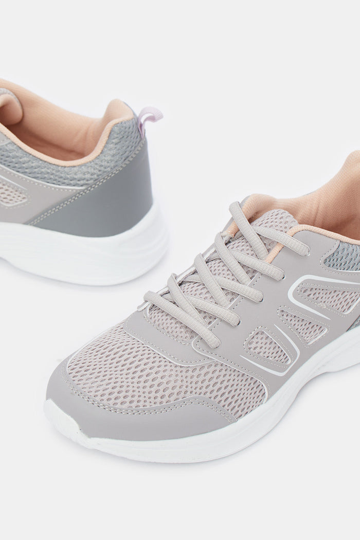 Redtag-Grey-Mesh-Lace-Up-Sneaker-Category:Trainers,-Colour:Grey,-Deals:New-In,-Filter:Women's-Footwear,-New-In-Women-FOO,-Non-Sale,-ProductType:Lace-Up-Shoes,-Section:Women,-W23O,-Women-Trainers-Women's-