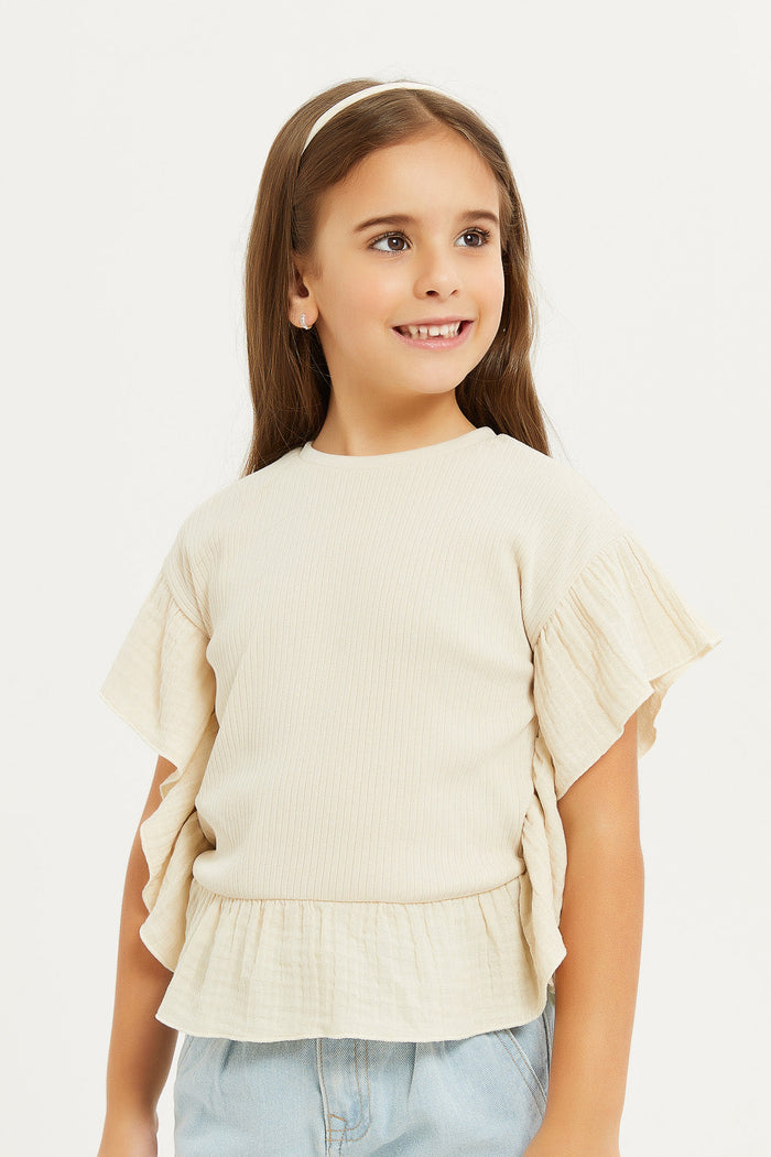 Redtag-Solid-Drop-Needle-T-Shirt-With-Woven-Ruffles--Beige-Category:Jackets,-Colour:Beige,-Deals:New-In,-Filter:Girls-(2-to-8-Yrs),-GIR-Jackets,-H1:KWR,-H2:GIR,-H3:JYT,-H4:CJT,-New-In-GIR,-Non-Sale,-ProductType:Jackets,-S23D,-Season:S23D,-Section:Girls-(0-to-14Yrs)--