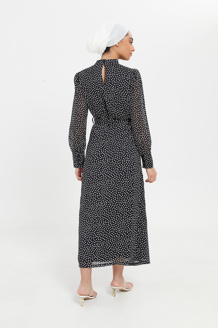 Redtag-Black-Polka-Dot-Mazi-Dress-Category:Dresses,-Colour:Assorted,-Deals:New-In,-Filter:Women's-Clothing,-H1:LWR,-H2:LAD,-H3:DRS,-H4:CAD,-Maxi,-Maxi-Dress,-New-In-Women,-Non-Sale,-ProductType:Dresses,-S23D,-Season:S23D,-Section:Women,-women-clothing,-Women-Dresses-Women's-