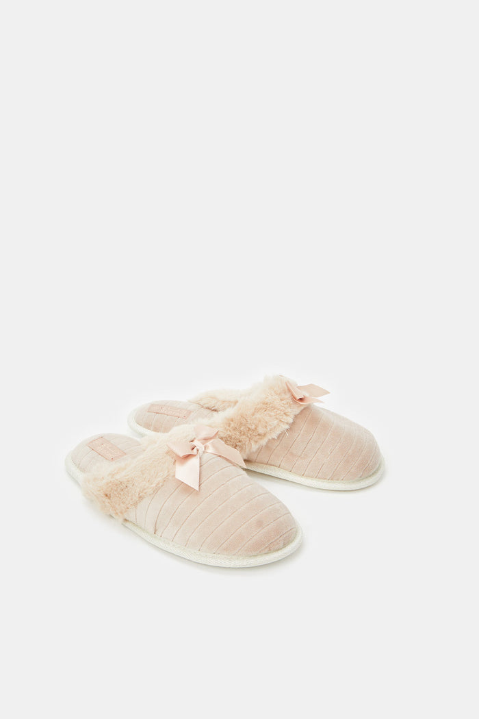 Redtag-Taupe-Closed-Toe-Slipper-With-Satin-Bow-Category:Slippers,-Colour:Taupe,-Deals:New-In,-Filter:Women's-Footwear,-New-In-Women-FOO,-Non-Sale,-ProductType:Mules,-Section:Women,-W23A,-Women-Slippers-Women's-